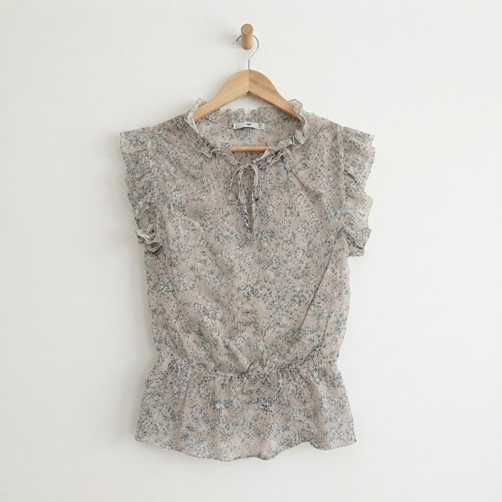 MNG SUIT Mango Floral Ruffle Cap Sleeve Blouse Sheer Tie‎ Neck Top Size Small